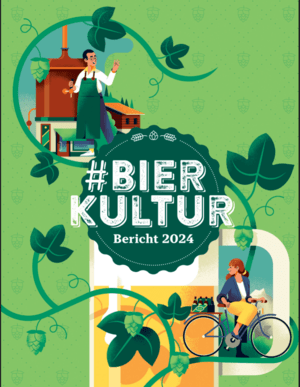 Poster des 16. Bierkulturberichts. Mehrere Illustrationen sind auf einem grünen Hintergrund zu sehen. Links oben ein Braumeister, rechts unten fährt eine Frau mit dem Rad. In der Mitte platziert ist groß #Bier Kultur zu lesen.