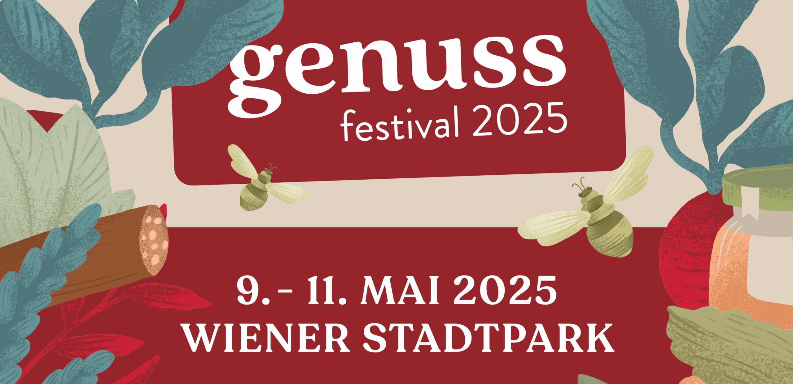 Grafik für das Plakat des Genussfestivals: Illustrationen von Gemüse, Fisch und Käse sind zu sehen.
