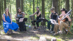Vier Personen spielen im Wald Musik.