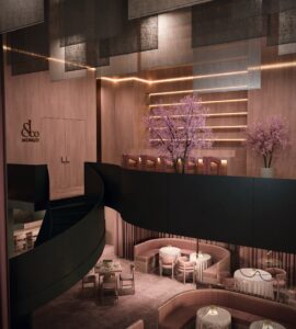 Der obere Barbereich mit Blick auf die Restaurantfläche – Kunst und Kulinarik als Einheit.