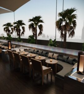 Die großzügige Terrasse des „DOTS DXB“ mit Blick auf die Skyline Dubais bietet Platz für 112 Gäste.